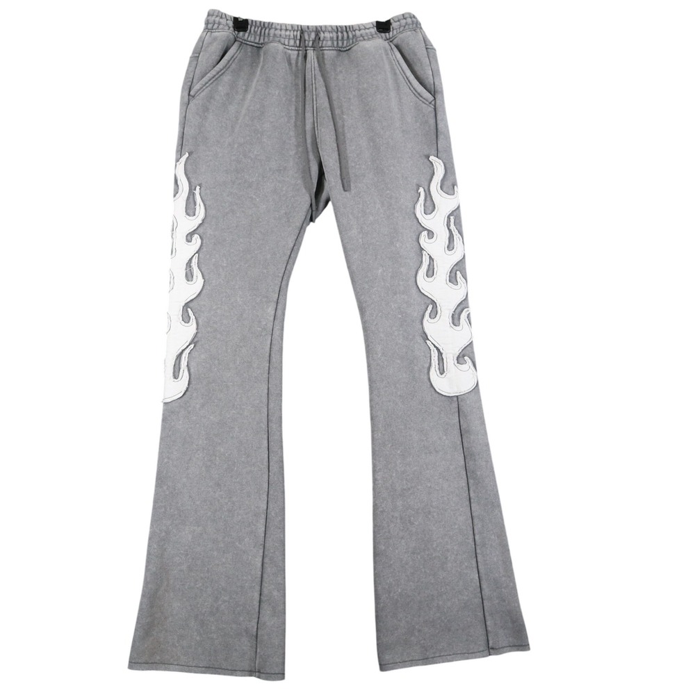 Copper Rivet Sweatpants Mens XL Flame Applique Acid Wash Grey Flared Streetwear